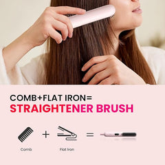 Hair Straightener Comb Straightening Brush with Negative Iron for Women, 3 Temp Settings & LED Display, 2 in 1 Flat Iron Brush Dual Voltage Travel
