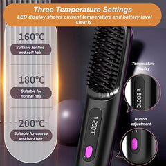 Portable Straightener Brush, Cordless Hair Straightening Brush, Rechargeable,Compact & Travel-Friendly with LED Display, Mini Hair Straightener Comb