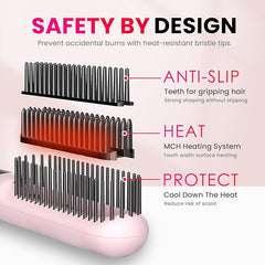 Hair Straightener Comb Straightening Brush with Negative Iron for Women, 3 Temp Settings & LED Display, 2 in 1 Flat Iron Brush Dual Voltage Travel