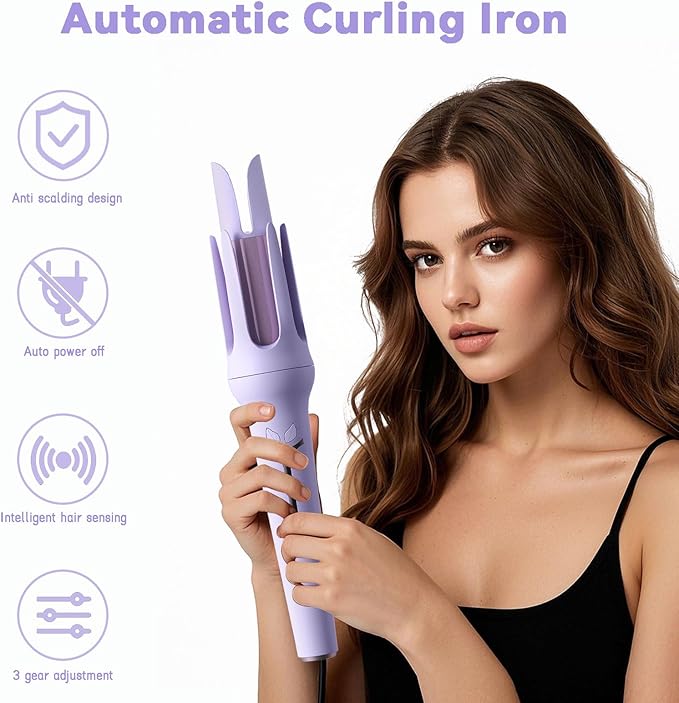 Automatic Curling Iron, Auto Hair Curle with 3 Temperature, Anti-Tangle Rotating Curling Wand for All Hair Styling, Fast Heating and Auto-Off for Hair Waver